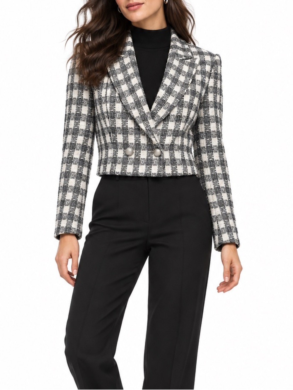 ZARA Cropped Tweed Plaid Blazer Metallic Thread Double Breasted Preppy Chic